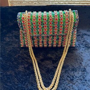 NEW Rhinestone Multi-colored Red Green Bag w/Gold Chain